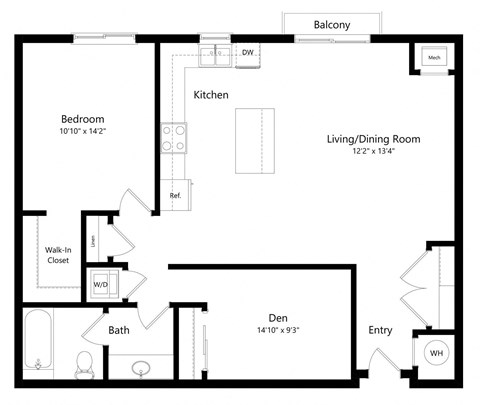 Floor plan for 1 bed, 1 bath, 1046 sqft